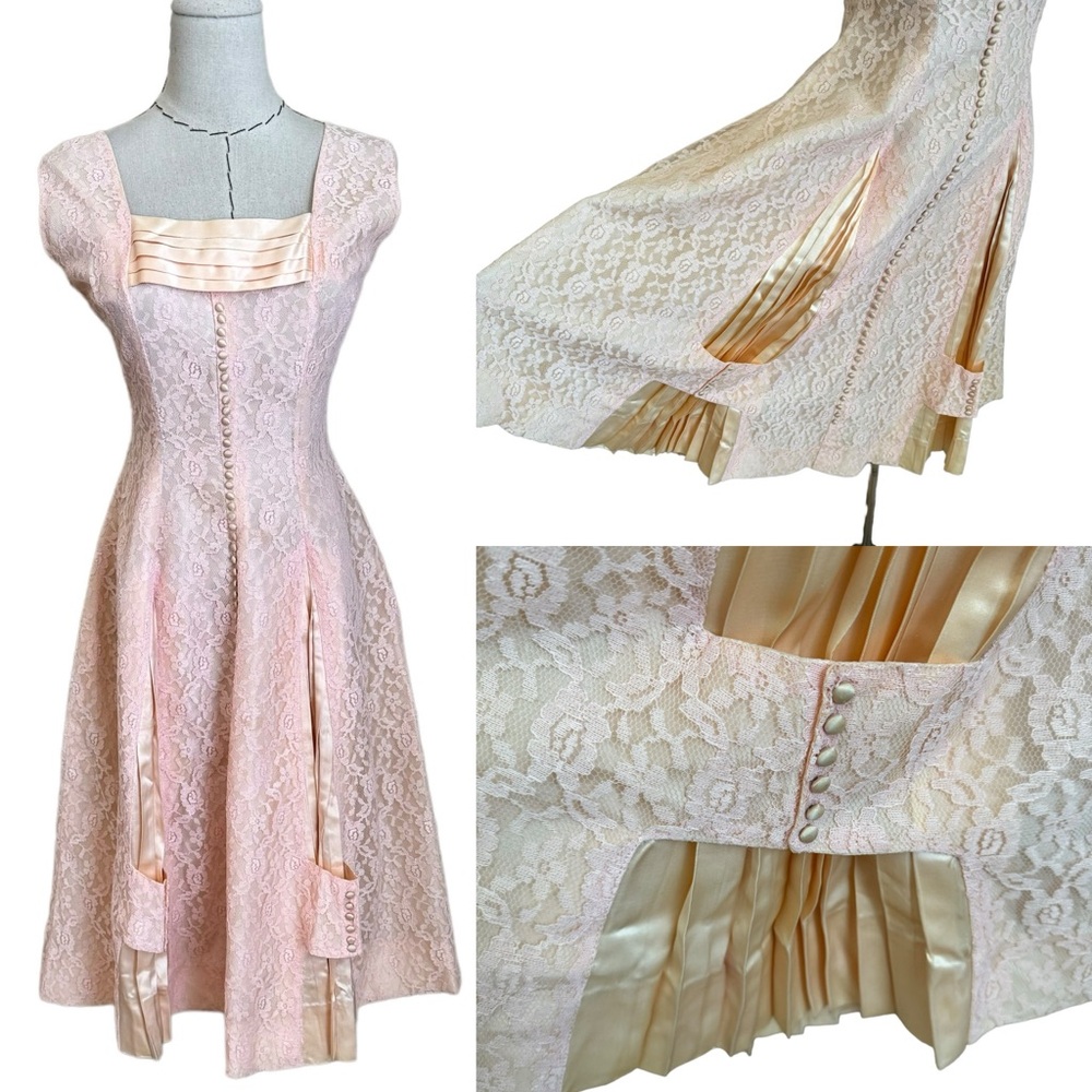 Vintage 50s Pink Lace Full Skirt Prom Party Dress Button Detail XS